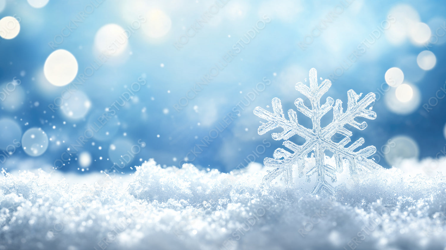 Beautiful Silver Snowflake Resting on Soft Snow with Sparkling Winter Background