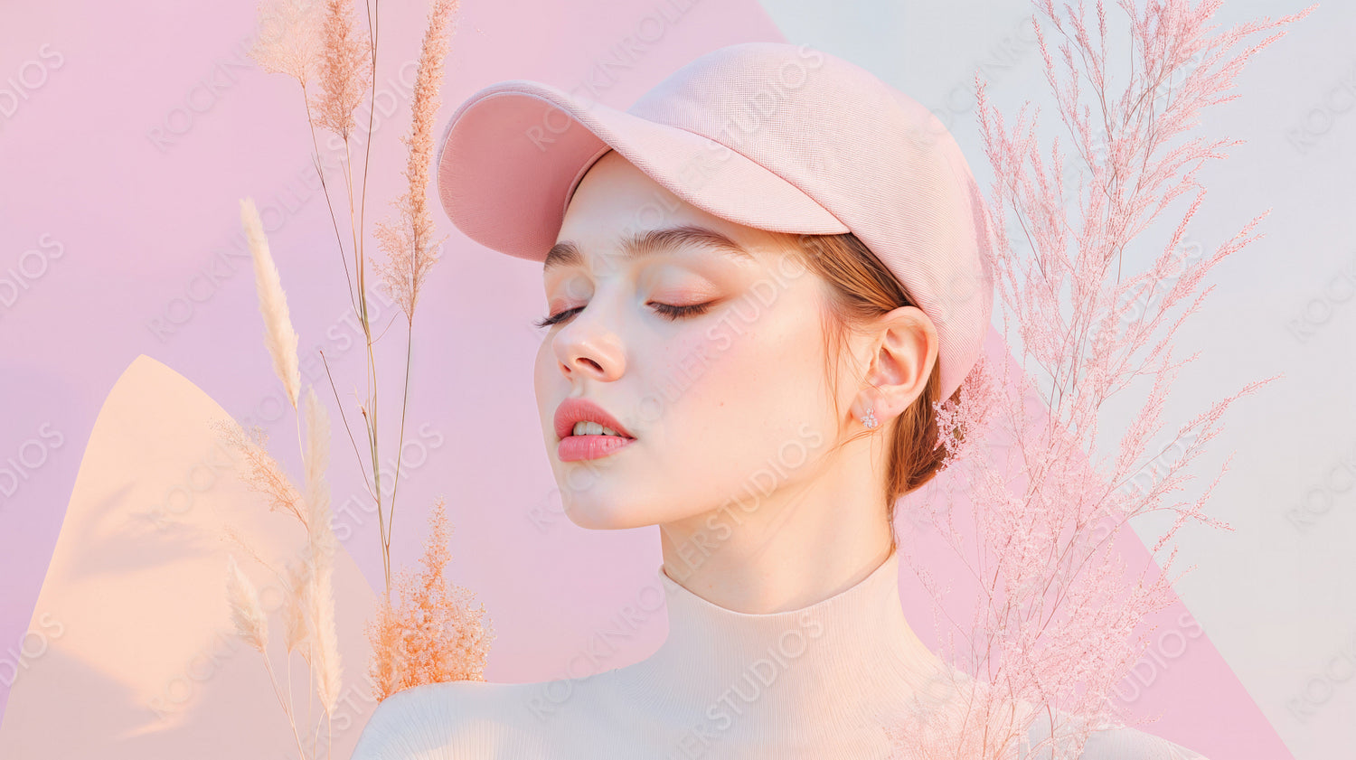 Serene Beauty in Pastels: Young Woman with Ethereal Floral Backdrop