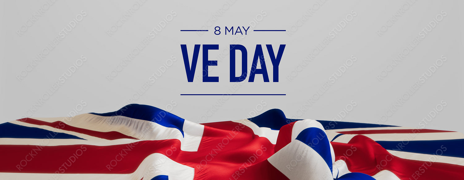 VE Day Commemoration: Union Jack Flag with '8 MAY' and 'VE DAY' Inscription on Grey Background