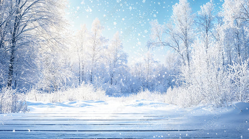 Serene Snow-Covered Forest with Snowflakes Falling Gently from the Sky