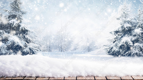 Snow-Covered Pine Trees and Winter Wonderland Scene with Falling Snow