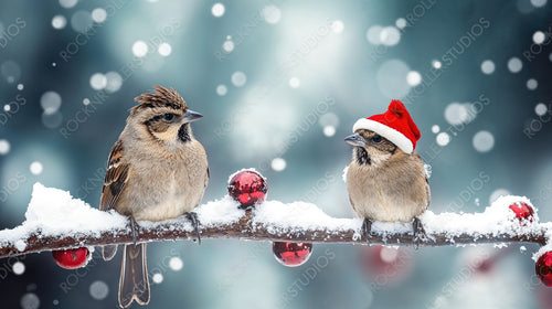 Two Adorable Sparrows in Red Hats Perched on Snowy Branch in Winter Wonderland