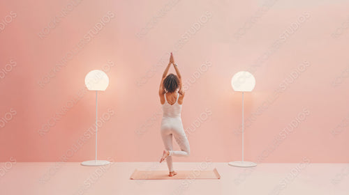 Woman Practicing Yoga in Minimalist Studio with Soft Lighting