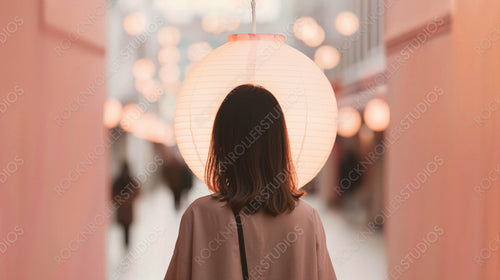 Back View of Woman with Lantern in Modern Hallway