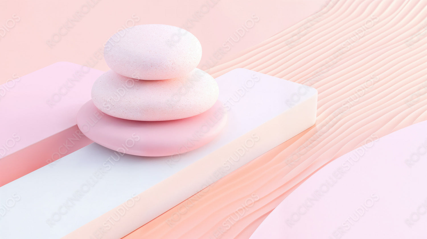 Zen Balance in Pink: Minimalist Stacked Stones on Modern Geometric Base with Soft, Abstract Background