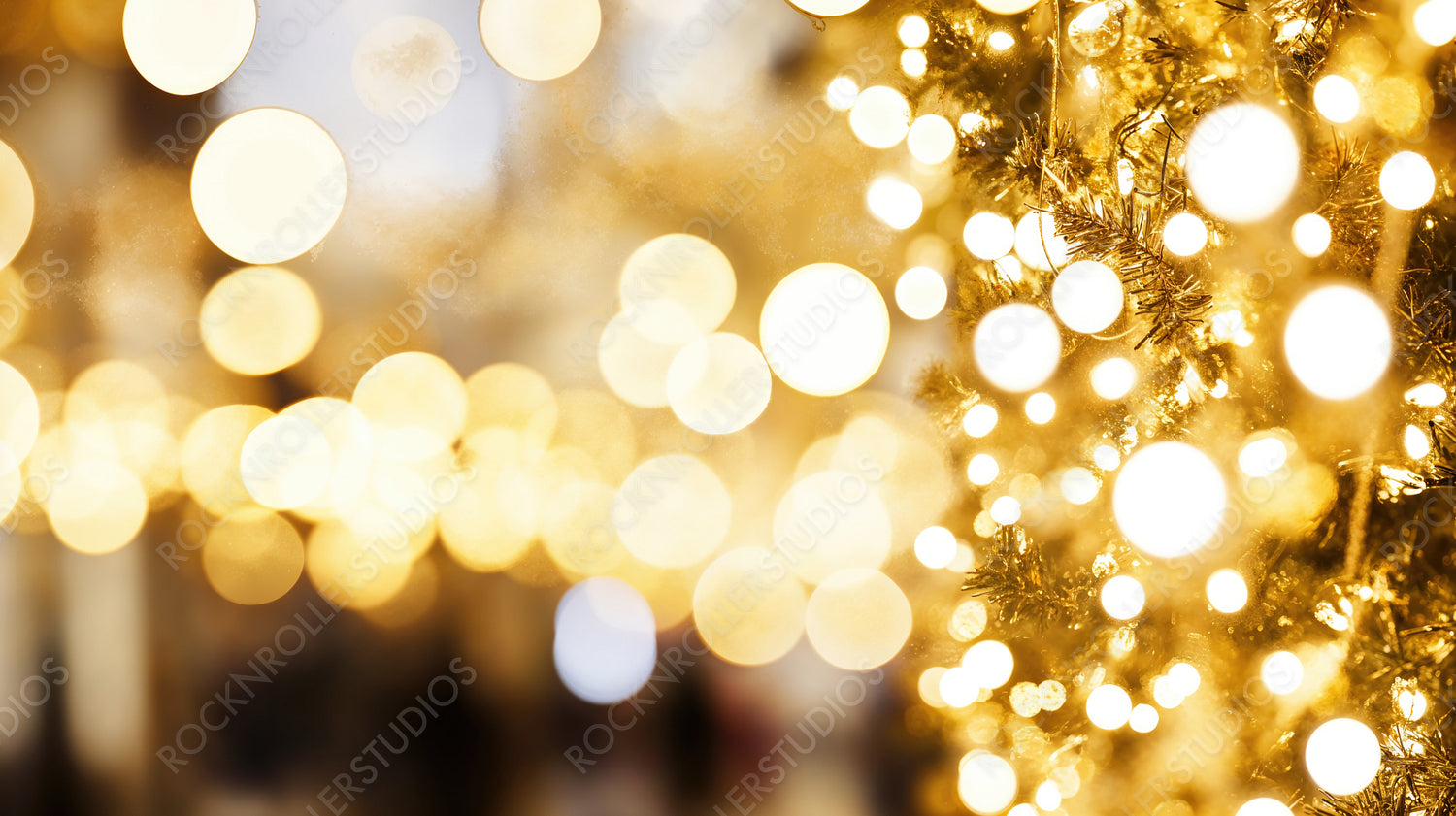 Golden Christmas Lights Shimmering Through Fir Branches, Creating a Warm Festive Glow