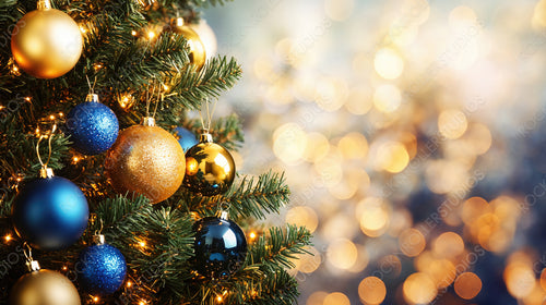 Christmas Tree Decorated with Blue and Gold Ornaments with Bokeh Lights