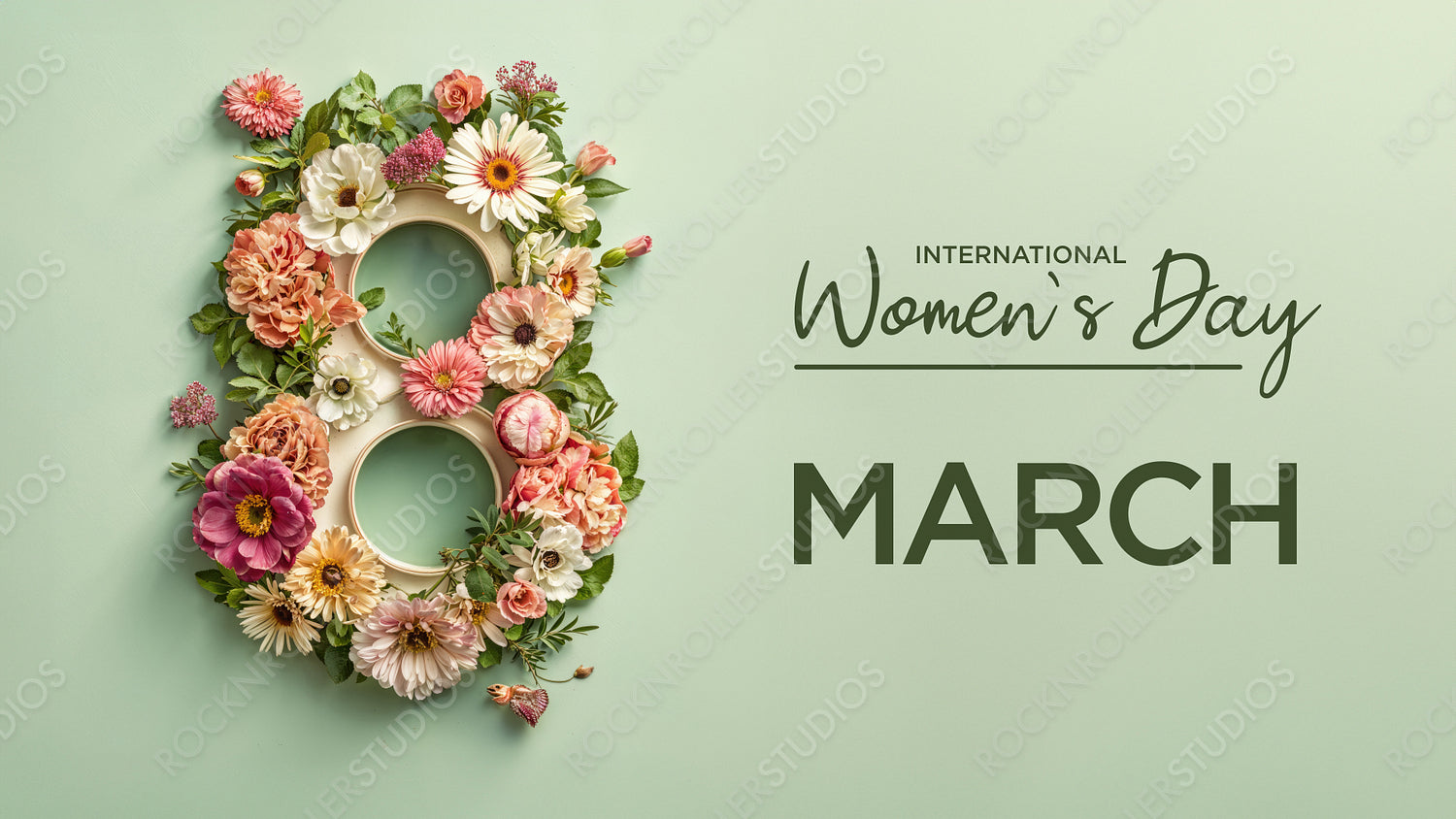 Botanical Design to Celebrate International Woman's Day. Premium Green Floral Background with Number 8, Flowers and Caption.