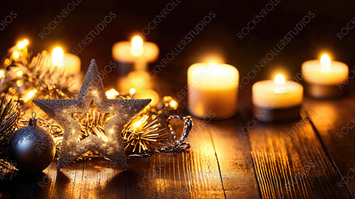 Cozy Christmas Candles with Pine Cones and Star Ornaments in a Warm Festive Atmosphere