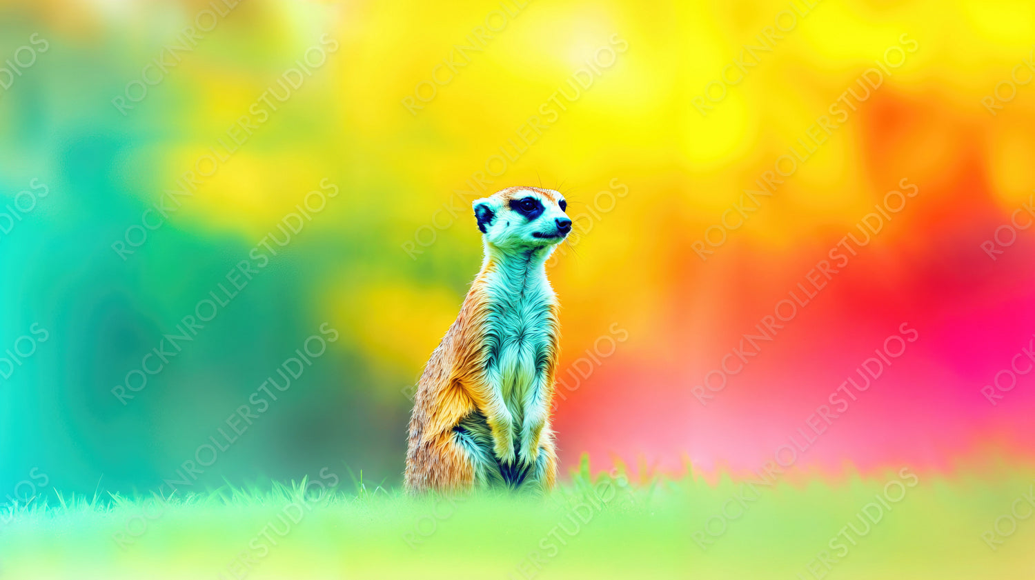 Dreamlike Meerkat Portrait Against a Surreal, Colorful Swirl