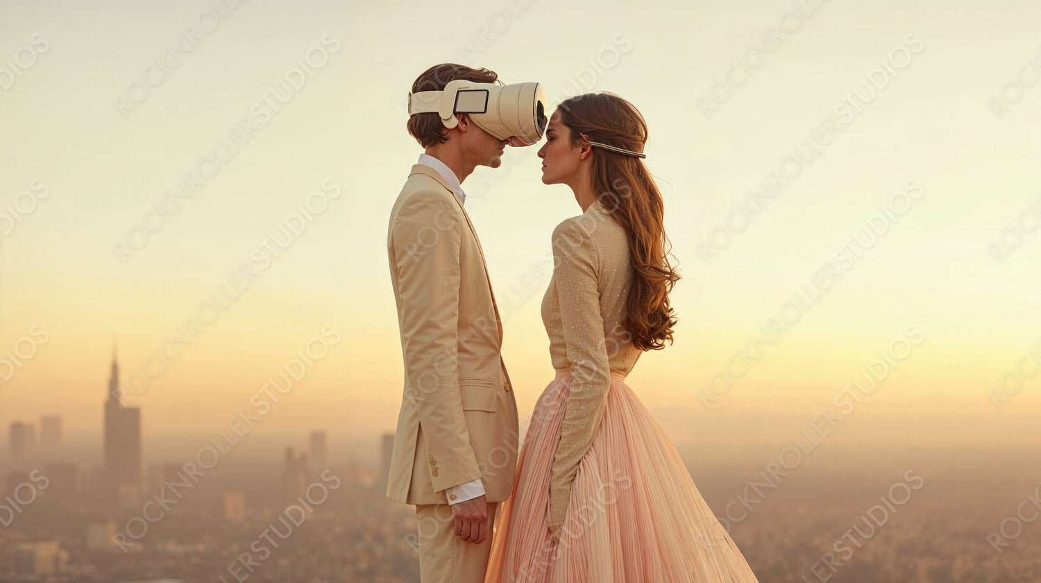 Futuristic Romance: Couple in VR Headsets Embrace at Sunset Overlooking Cityscape