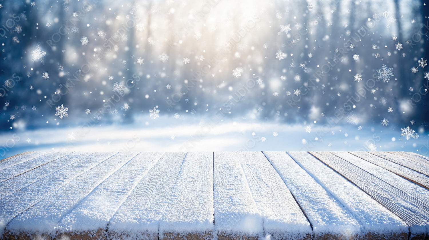 Frozen Wooden Deck Under a Magical Snowfall, Featuring Twinkling Lights and Snowflakes