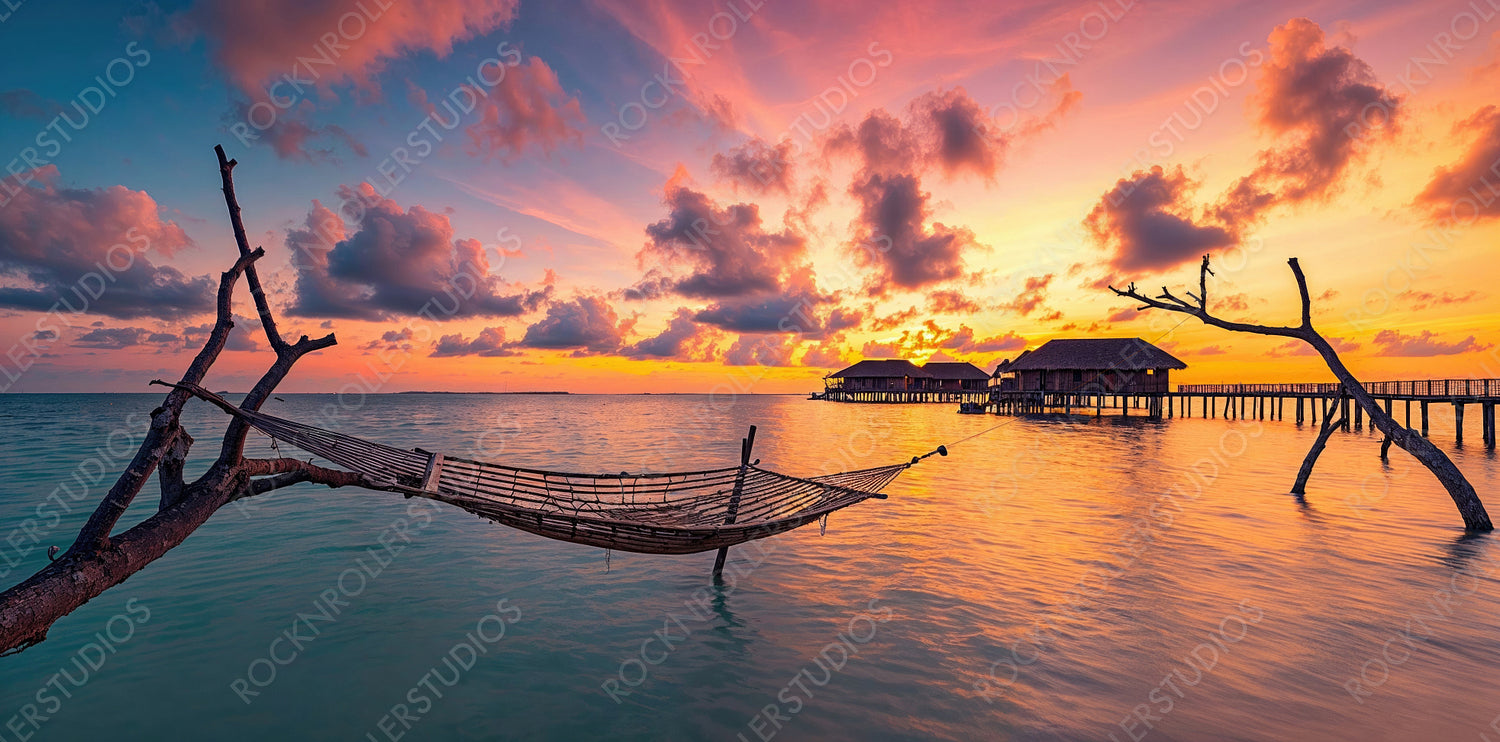 Well-being banner with Dreamlike Sunrise Beach. Tropical get-away Scene.
