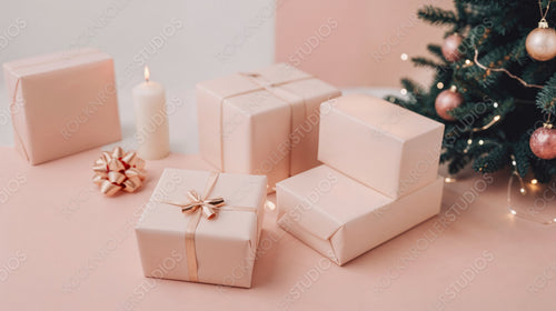 Beautifully Wrapped Holiday Gifts with Candles and Decorations in Pastel Setting