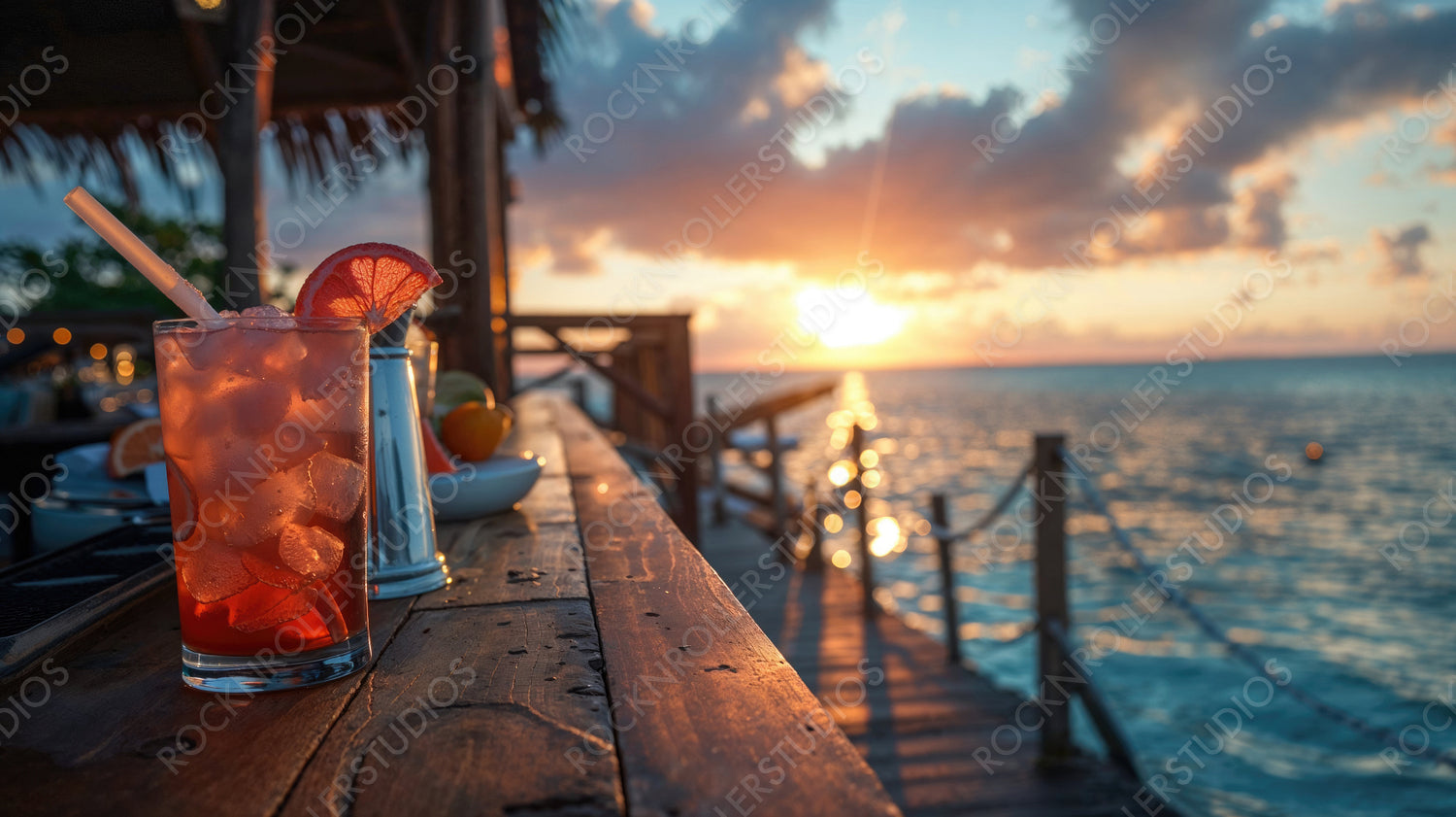 Refreshing Cocktail on Beachside Bar at Sunset