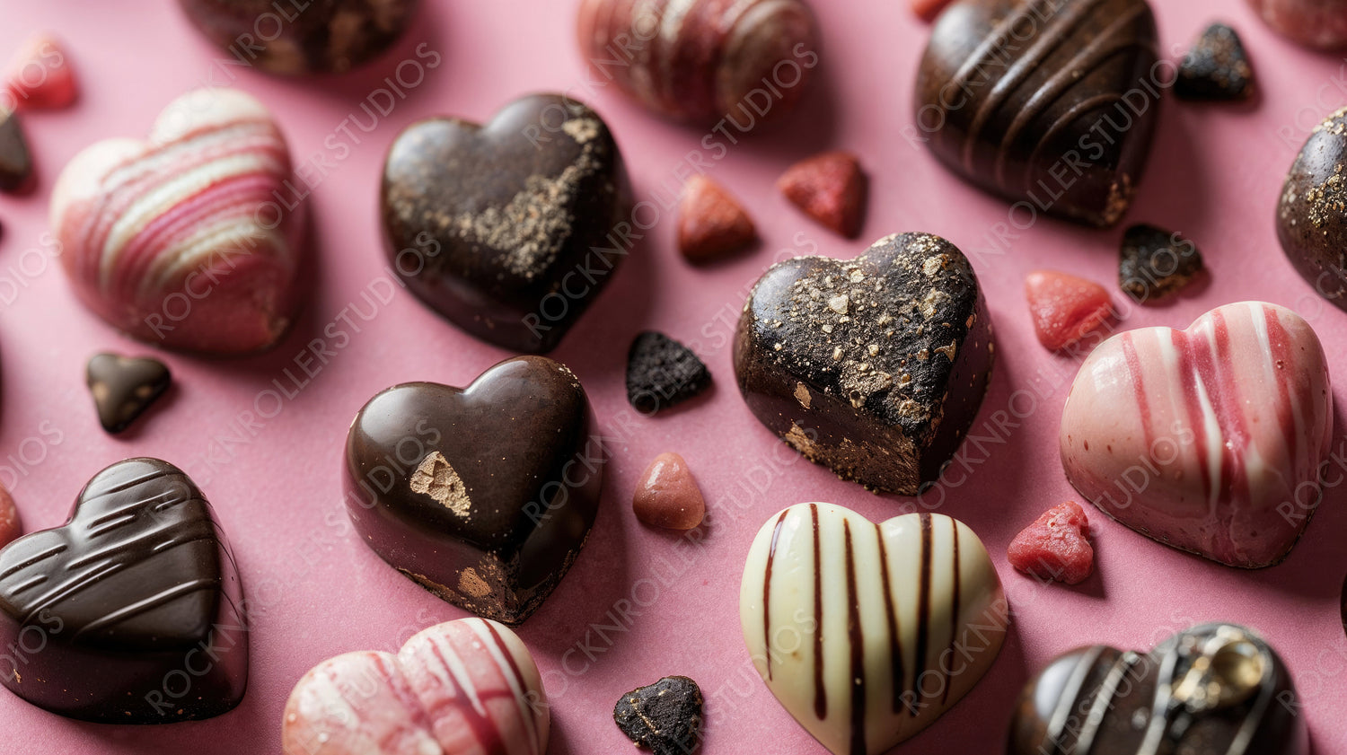 Heart Shaped Chocolates on a Pink Surface. Modern Valentine’s Day Background.
