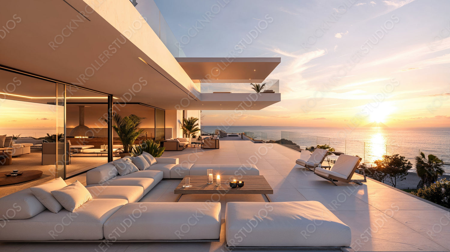 Luxury Modern Villa with Spacious Terrace and Infinity Pool Overlooking Ocean at Sunset