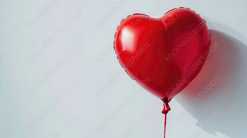 Red Heart Shaped Balloon on a White Background. Valentine’s Day Wallpaper with copy-space.