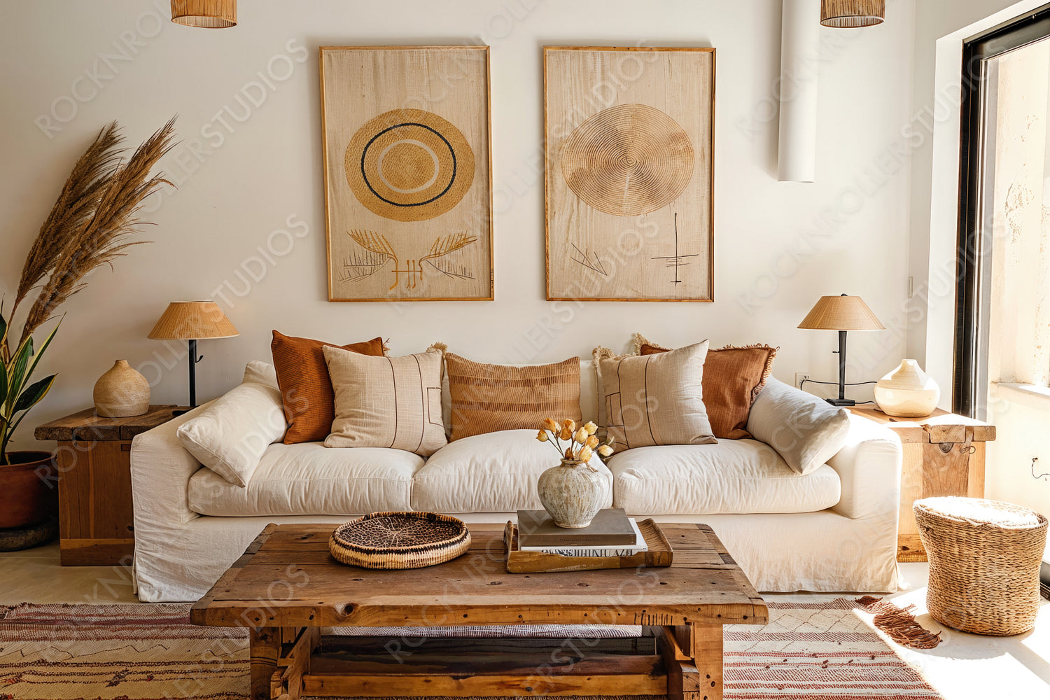 Rustic Elegance: Cozy Living Room with Natural Textures and Warm Earth Tones