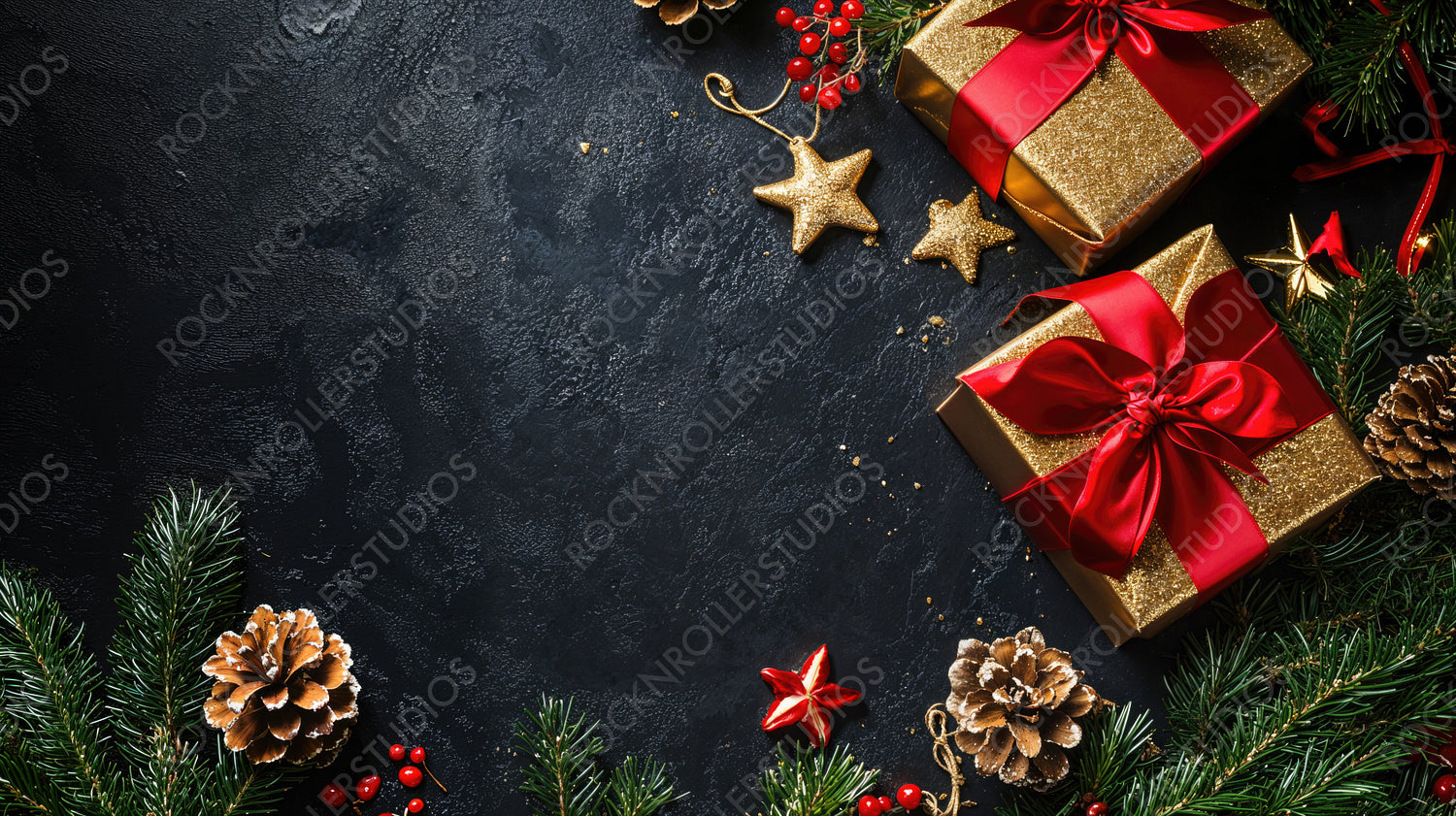 Christmas Gift Boxes with Red Ribbons, Pinecones, and Gold Stars on Black Background