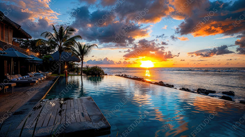 Sunset Reflections at Infinity Pool with Tropical Vibes