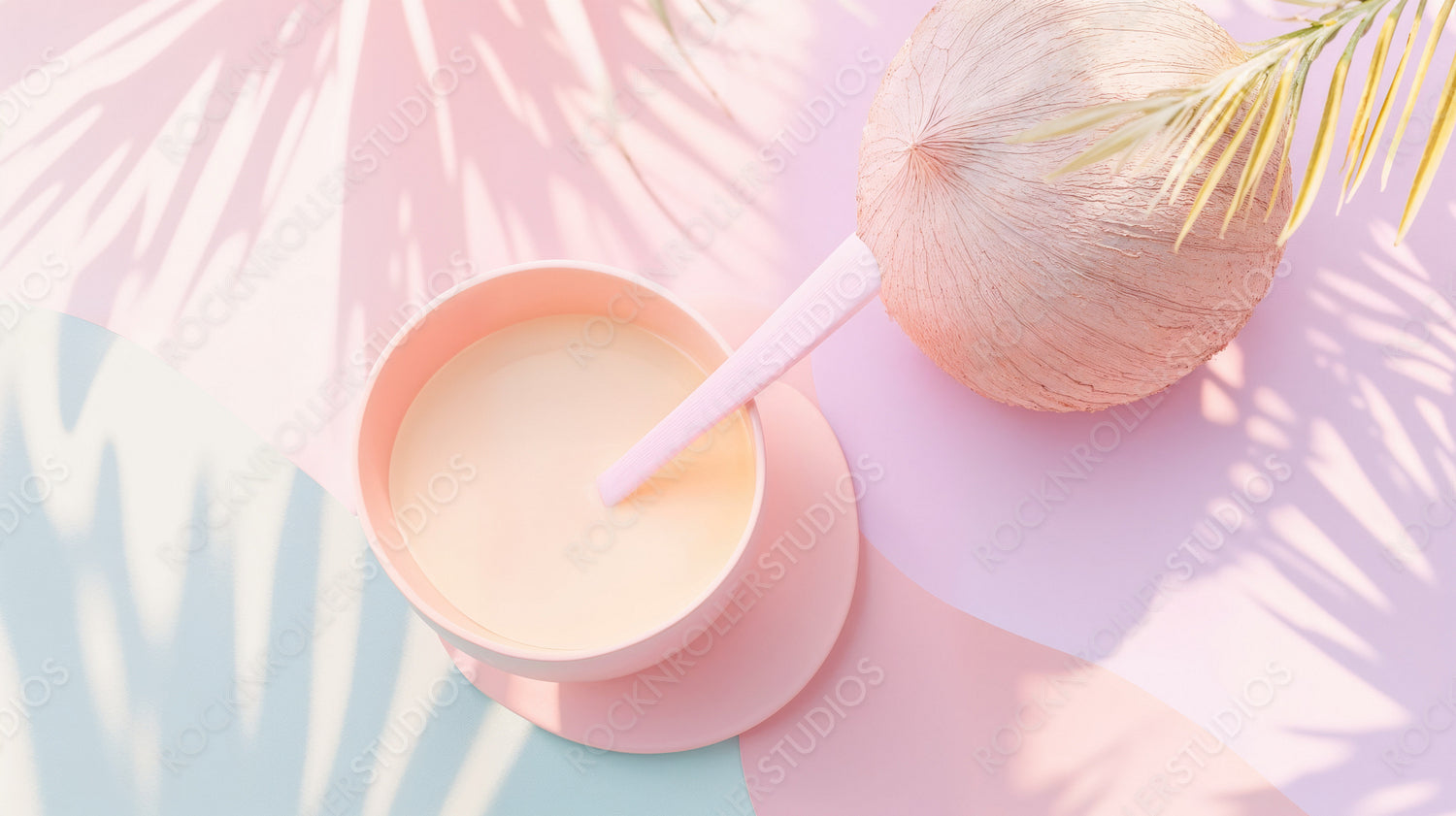 Summer Bliss: Coconut Milk Refreshment with Tropical Palm Shadow in Pastel Paradise