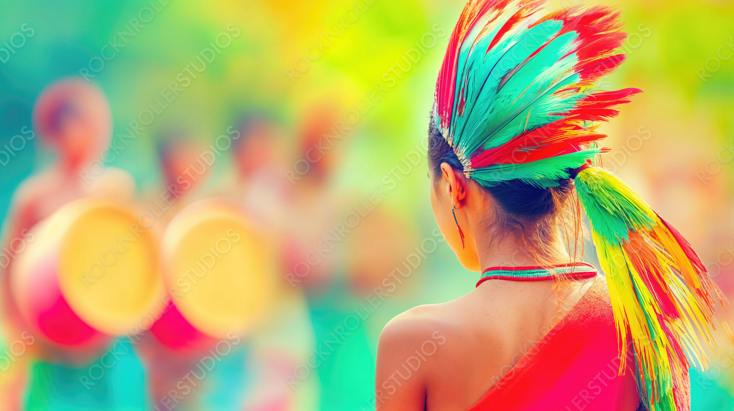 Captivating Carnival Spirit: Woman in Colorful Feather Headdress at Festive Outdoor Event