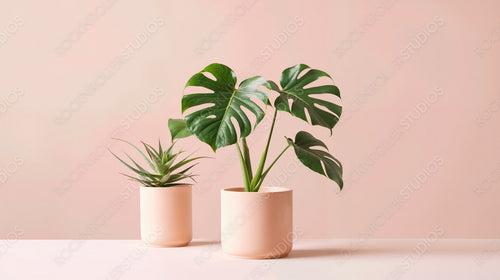 Tropical Houseplants in Elegant Beige Pots on Pink Background