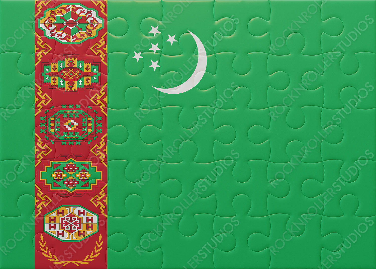Nearly Complete Puzzle of Turkmenistan Flag with Traditional Carpet Patterns and Celestial Motifs
