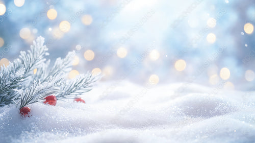 Winter Magic: Soft Snow with Glimmering Lights and Frosted Pine Branches in the Background