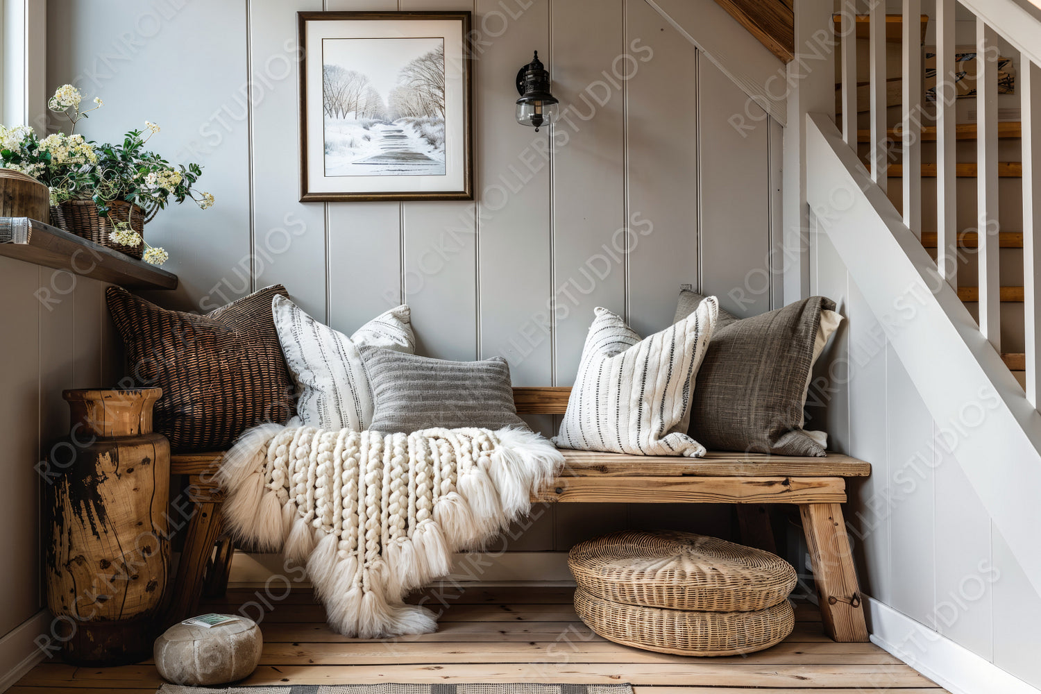 Rustic Charm: Cozy Nook with Wooden Bench and Hygge-Inspired Decor