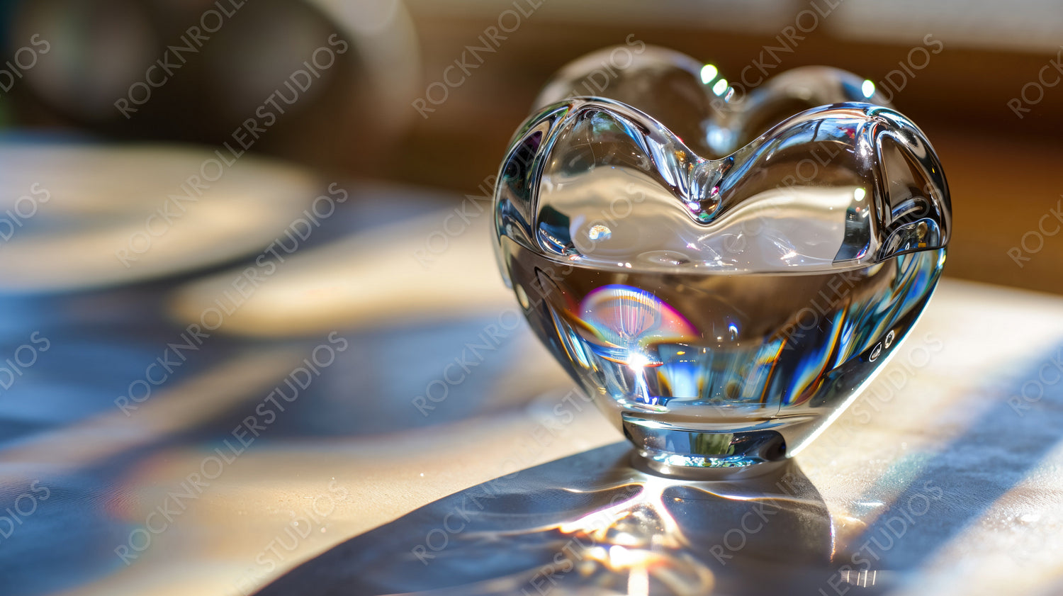 Radiant Heart: Sunlit Glass Heart Casting Colorful Refractions on a Table
