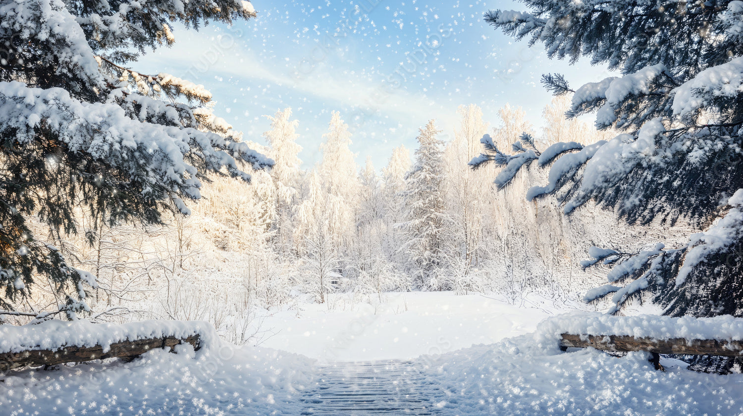 Winter Snow-Covered Pine Branches and Wooden Table with Frosty Snowflakes in Forest Background