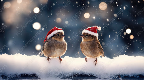 Two Adorable Sparrows in Red Hats Perched on Snowy Branch in Winter Wonderland