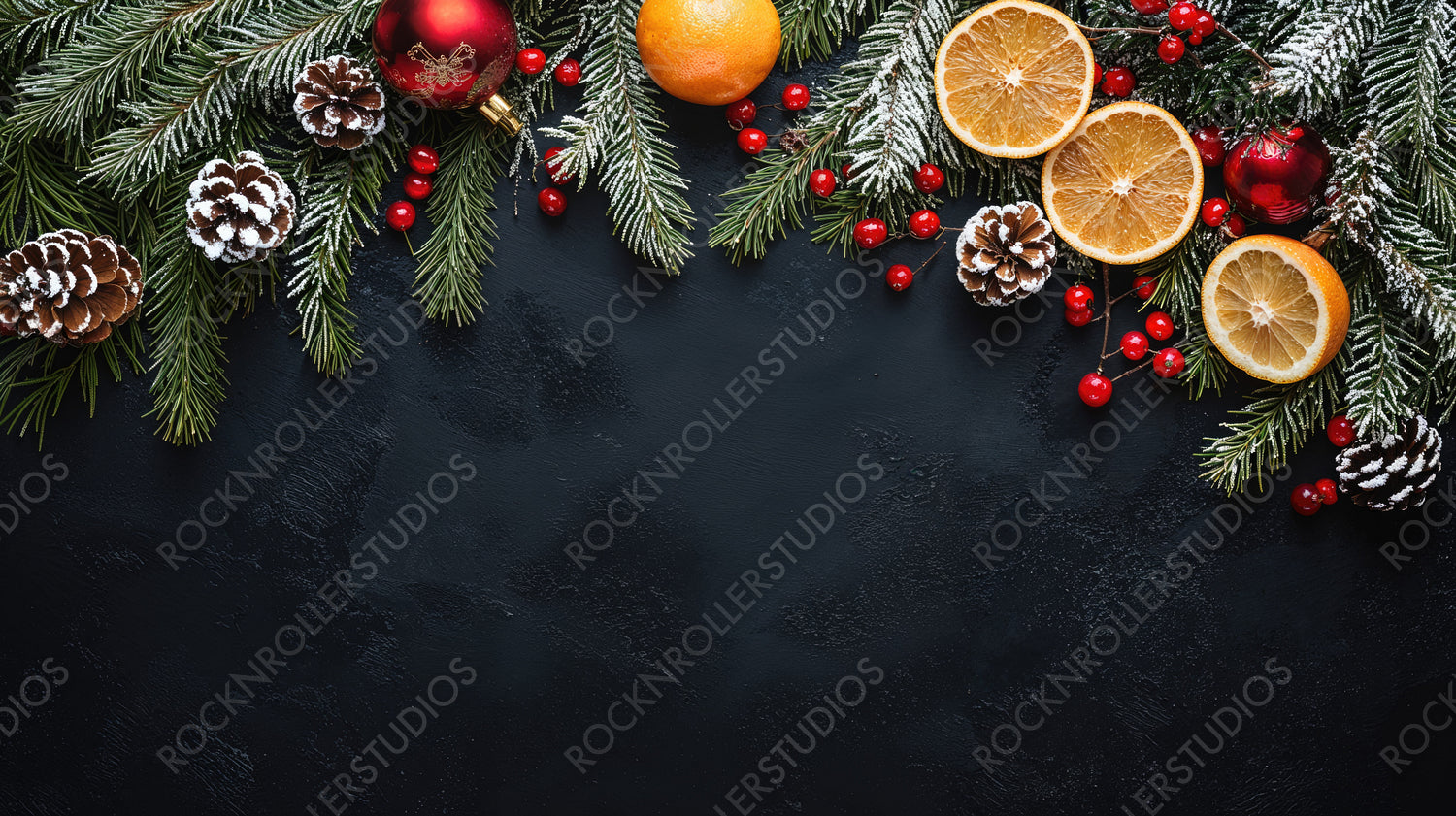 Festive Christmas Decorations with Oranges, Pine Cones, and Baubles on Snow-Dusted Pine Branches