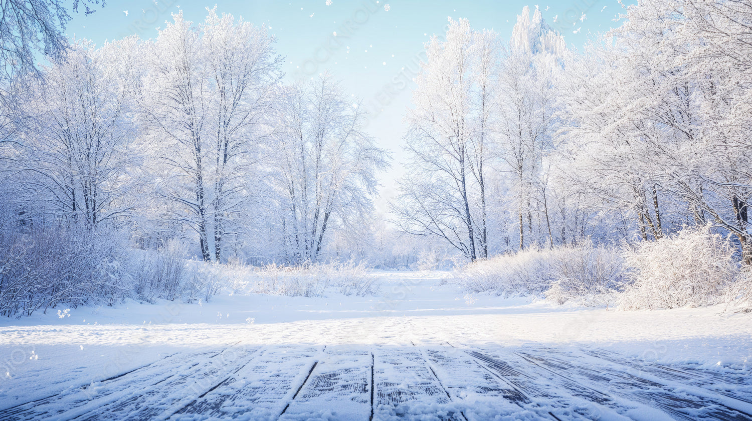 Serene Snow-Covered Forest with Snowflakes Falling Gently from the Sky