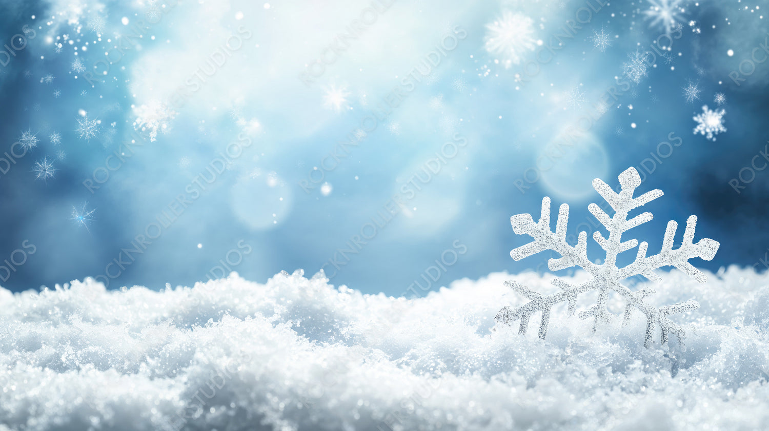 Beautiful Silver Snowflake Resting on Soft Snow with Sparkling Winter Background