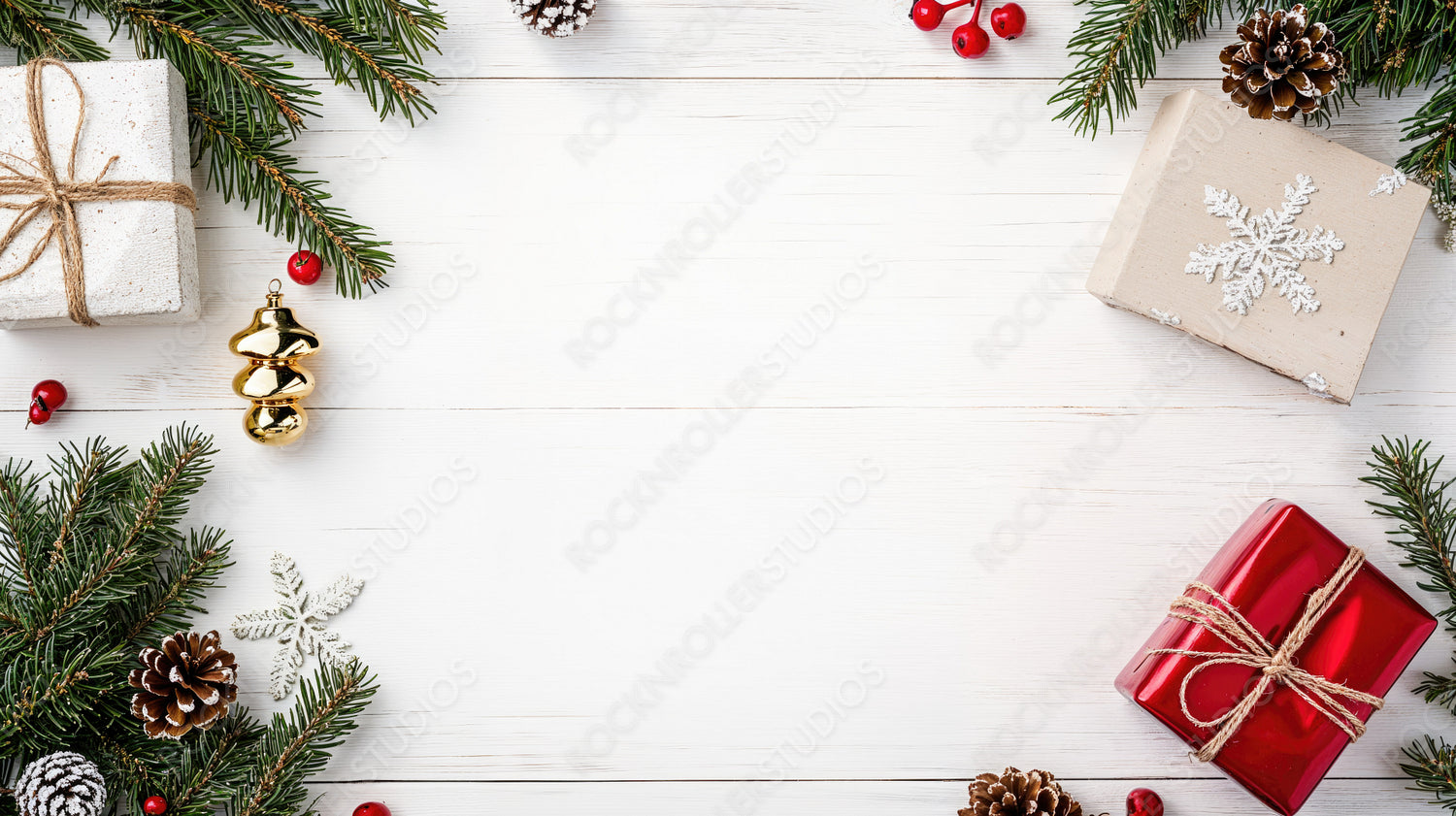 Holiday Gift Boxes, Pine Cones, and Fir Branches on White Wood Table for Christmas