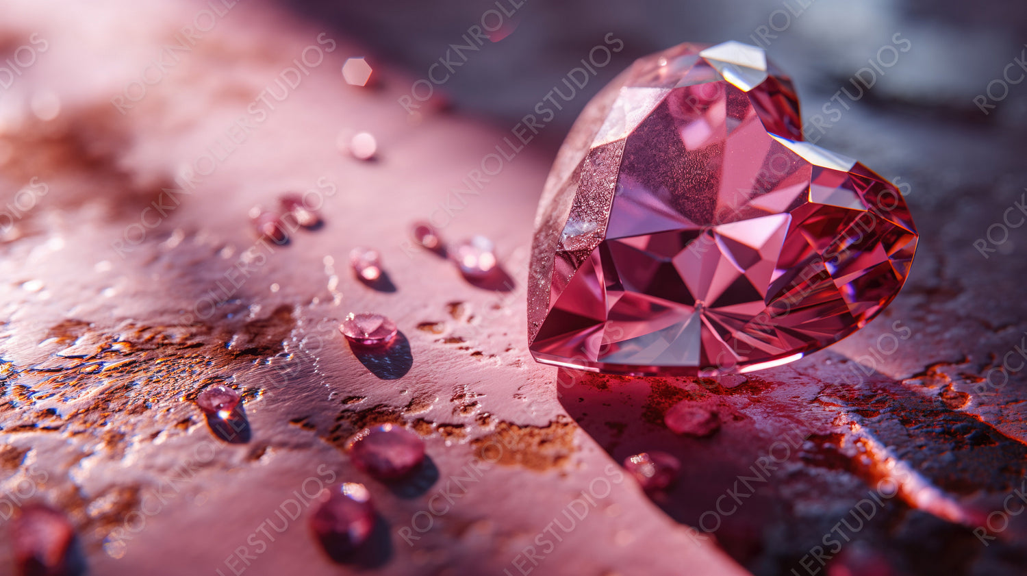 Sparkling Heart-Shaped Pink Gemstone with Water Droplets on Elegant Surface
