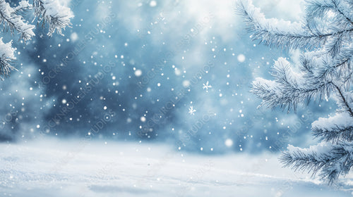 Winter forest with falling snow and frosted trees in a magical snow-covered wonderland