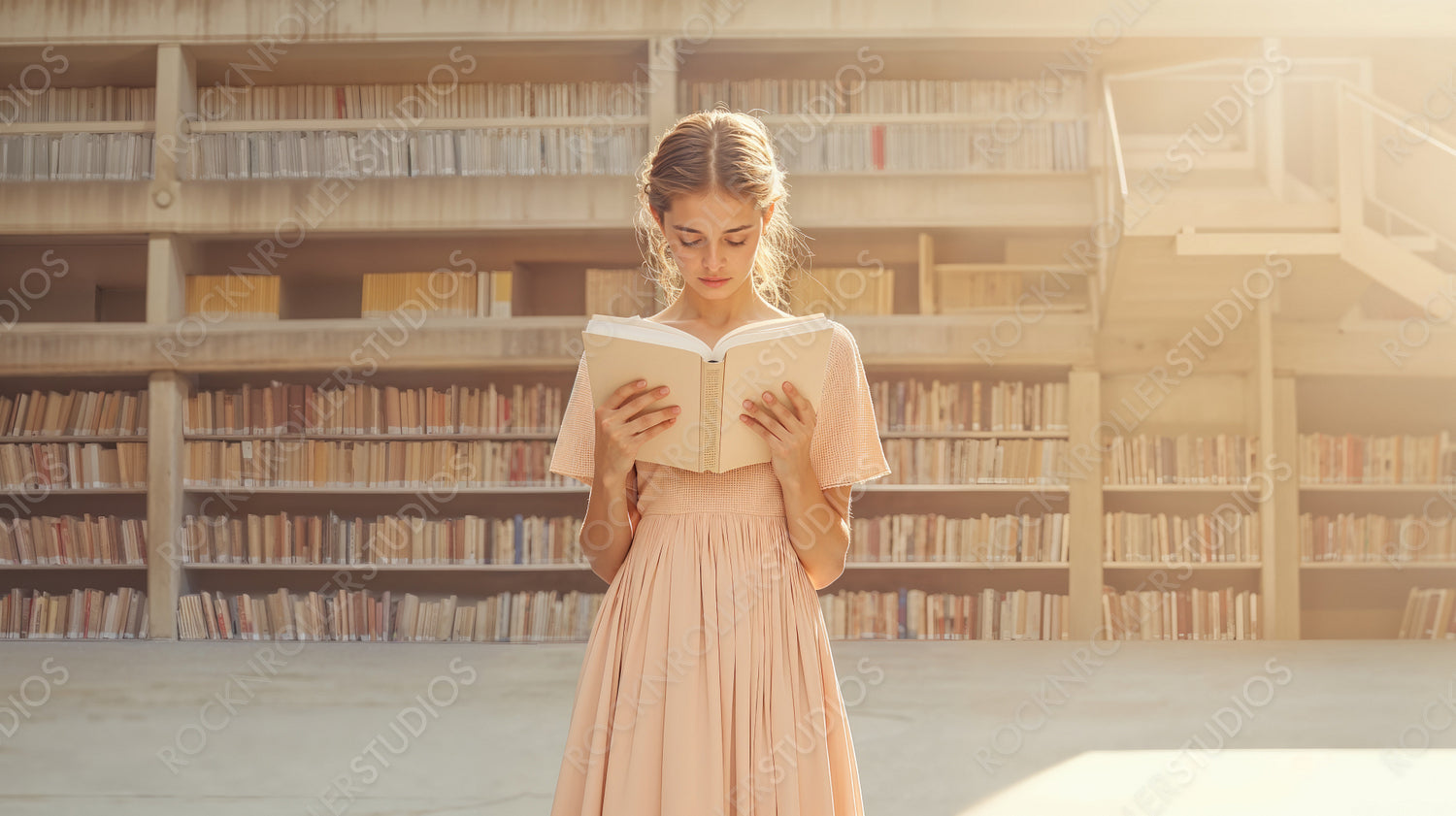 Serene Literary Escape: Elegant Woman Reading in Sunlit Contemporary Library