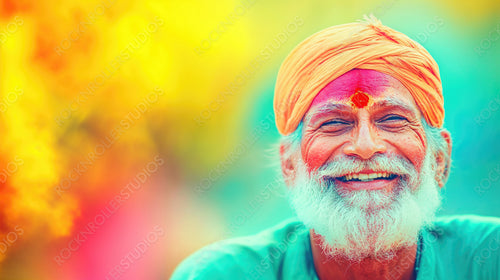 Joyful Elderly South Asian Man in Vibrant Turban Celebrating with a Radiant Smile