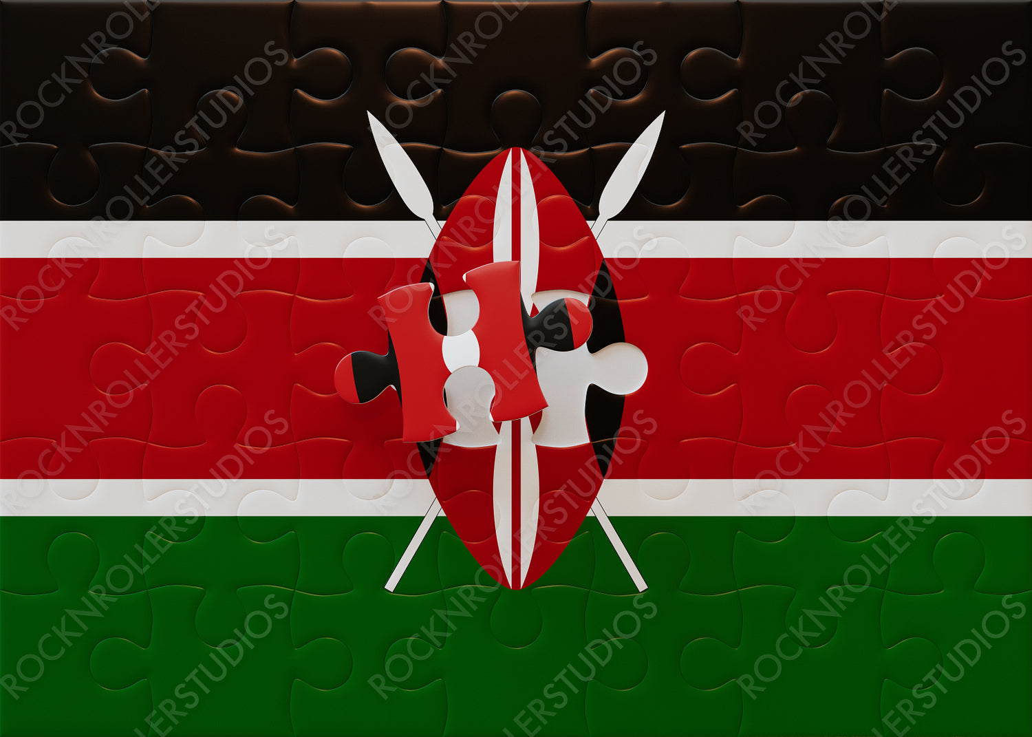 Completing Kenya: Jigsaw Puzzle with Flag and Maasai Shield Symbolizing National Unity