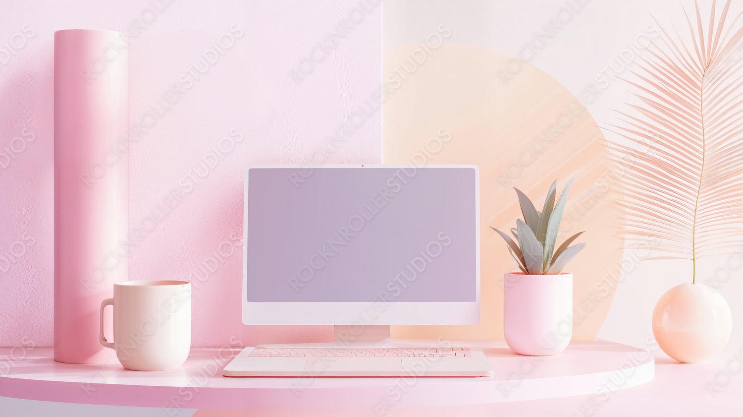 Stylish Pink and White Home Office Setup with Modern Minimalist Desk and Chic Decor