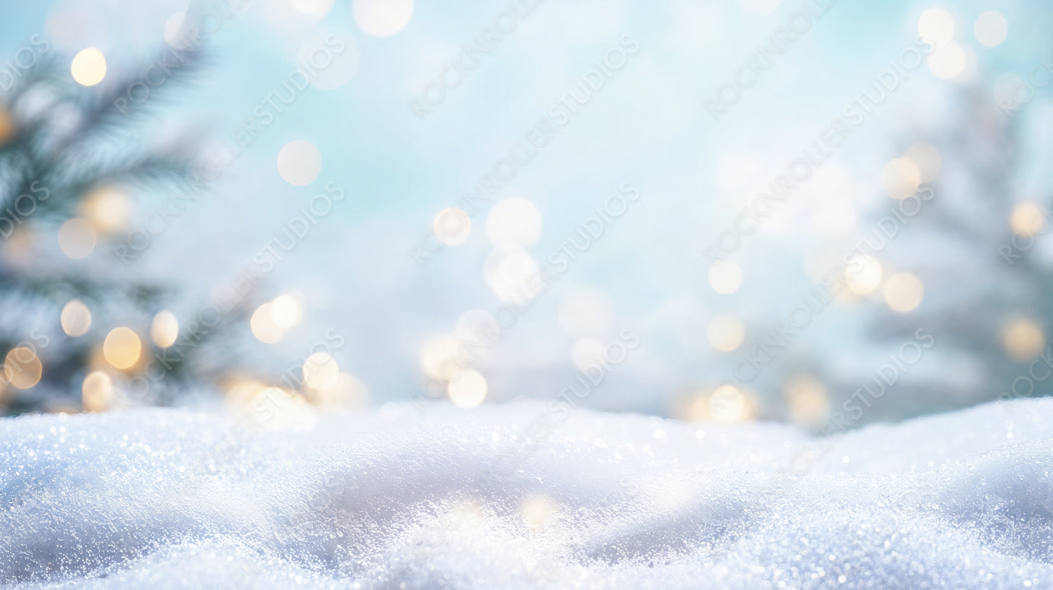 Winter Magic: Soft Snow with Glimmering Lights and Frosted Pine Branches in the Background