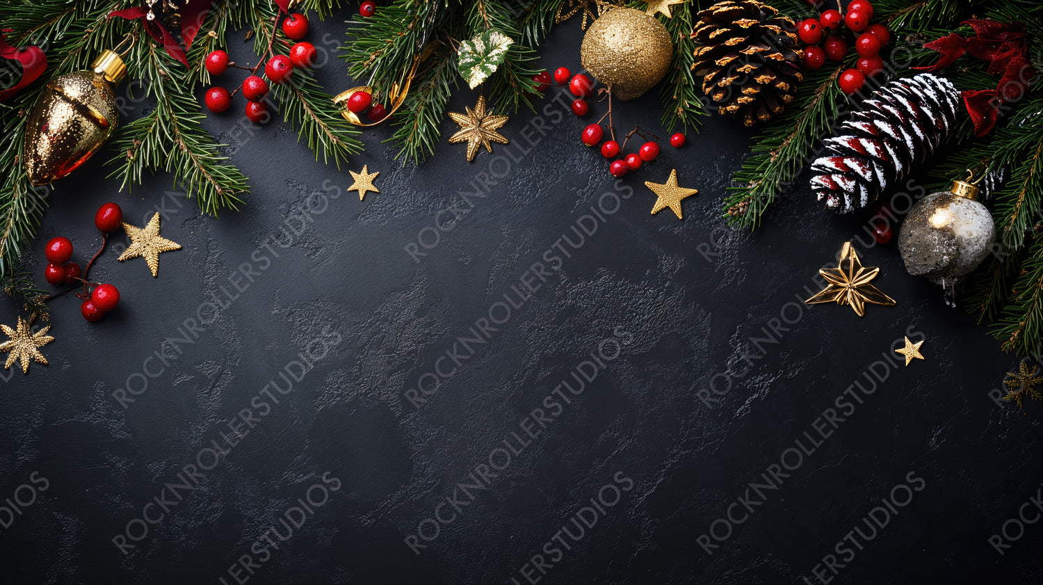 Festive Christmas arrangement with frosted pinecones, red berries, and gold stars on a dark background