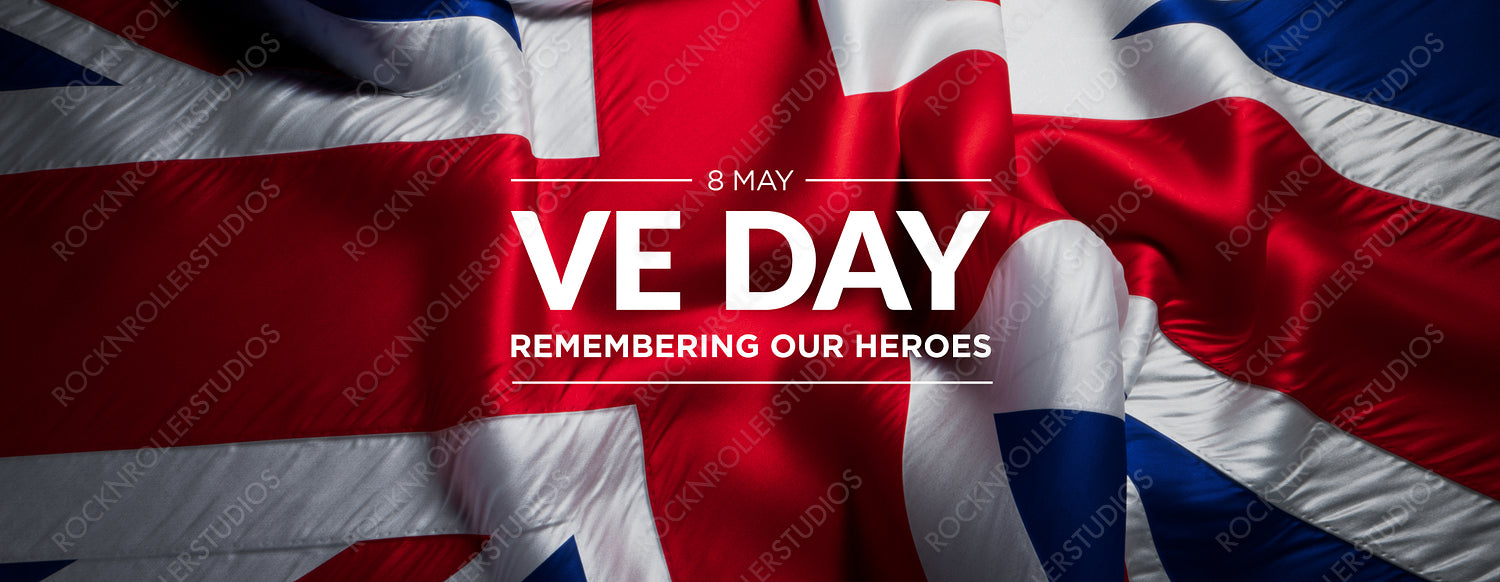 VE Day Tribute: Union Jack Flag with 'Remembering Our Heroes' Text for Victory in Europe Day