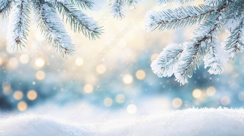 Snow-Covered Pine Branches and Frosty Bokeh Winter Wonderland Background