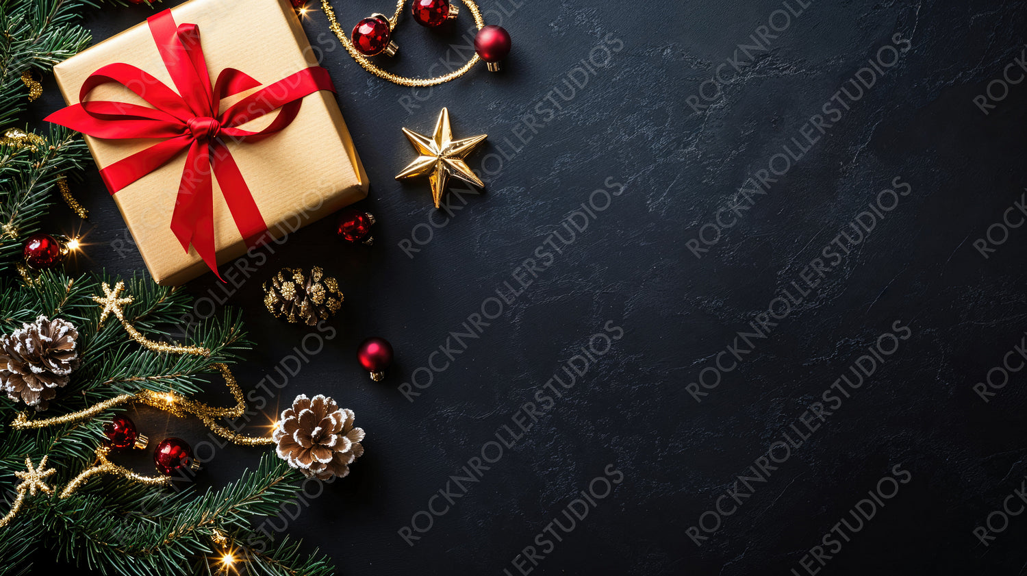 Festive Christmas Gift with Pine Cones, Ornaments, and Red Ribbon on a Dark Background