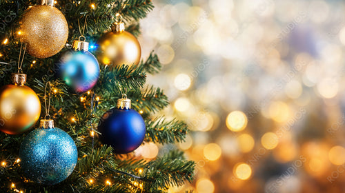 Christmas Tree Decorated with Blue and Gold Ornaments with Bokeh Lights